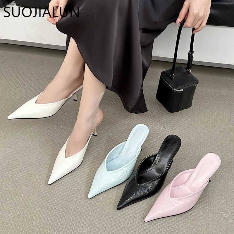 SUOJIALUN 2025 New Brand Women Slipper Fashion Pointed Toe Slip On Ladies Elegant Mules Shoes Thin High Heel Dress Sandal Pumps Z260330
