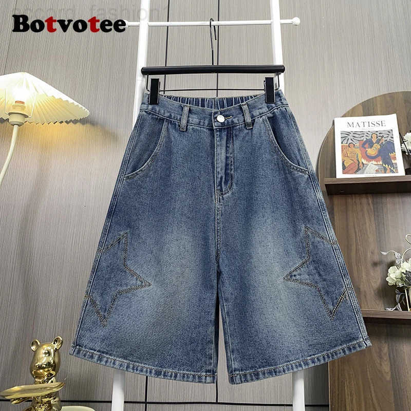 Botvotee Vintage Star Summer Denim Short Jeans for Women High Waisted Wide Leg Casual M-3XL Shorts Y2k Fashion Streetwear Jeans H260330