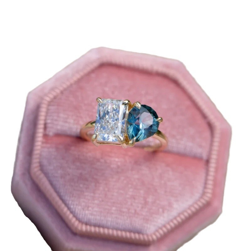 Water Drop Square Ring Copper Plated Real Gold Gift Brilliant Creative Design Double Diamond Zircon Jewelry