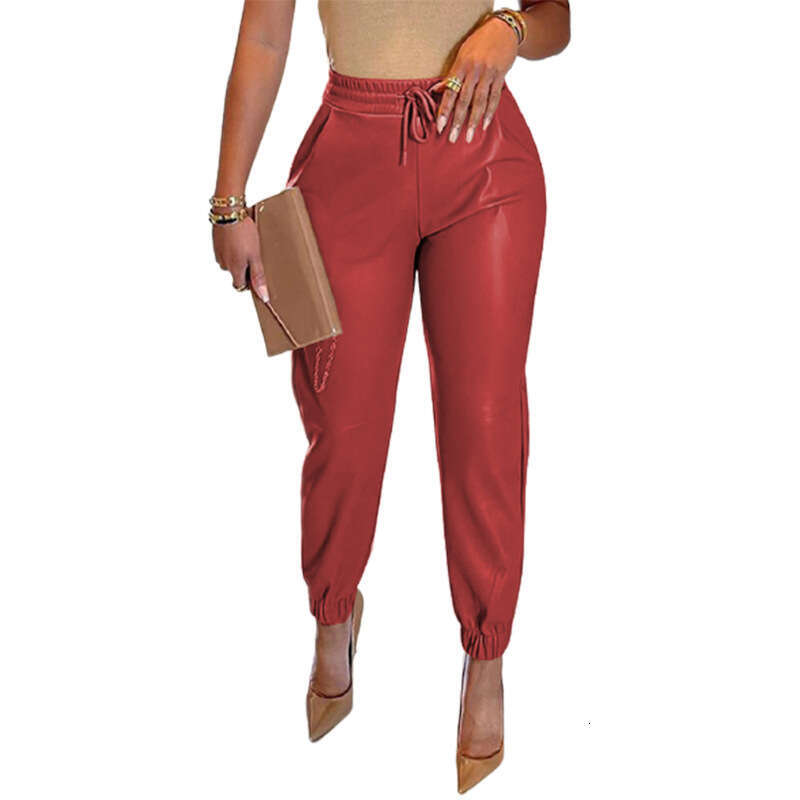 2026 Spring/Summer European and American New Arrival Solid Color Drawstring Pocket PU Leather Casual Fashion Jogger Pants for Women