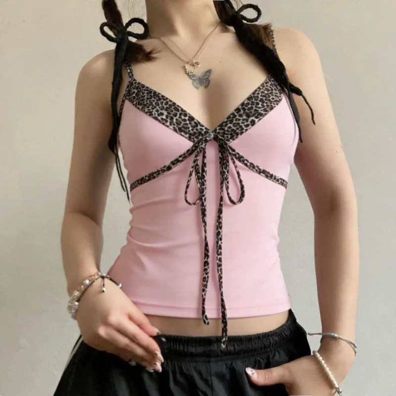 Summer Sexy Aesthetic Streetwear Sleeveless V-Neck top Y2K Pink Leopard Cami Top Womens Slim Tie-Front Spaghetti Strap Crop Top 260327