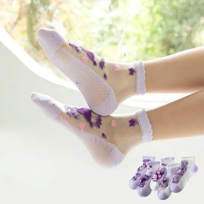 Designer Sanrio Kuromi Animationperipherals Summer Thin Children's Cotton Socks Crystal Stockings Pure Cotton Breathable New Girls' Socks