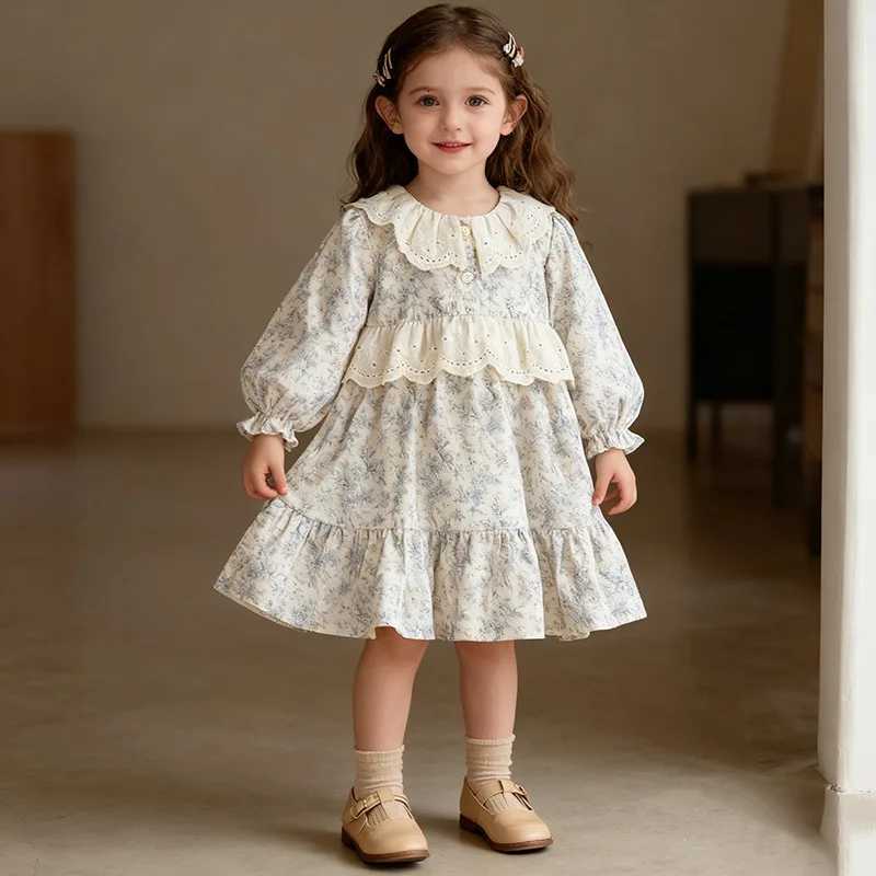 French Spring Children Girl Dress Lace Collar Infant Baby Girls Princess Dress Floral Printed Kids Girls Dress Long Sleeve DressT260330