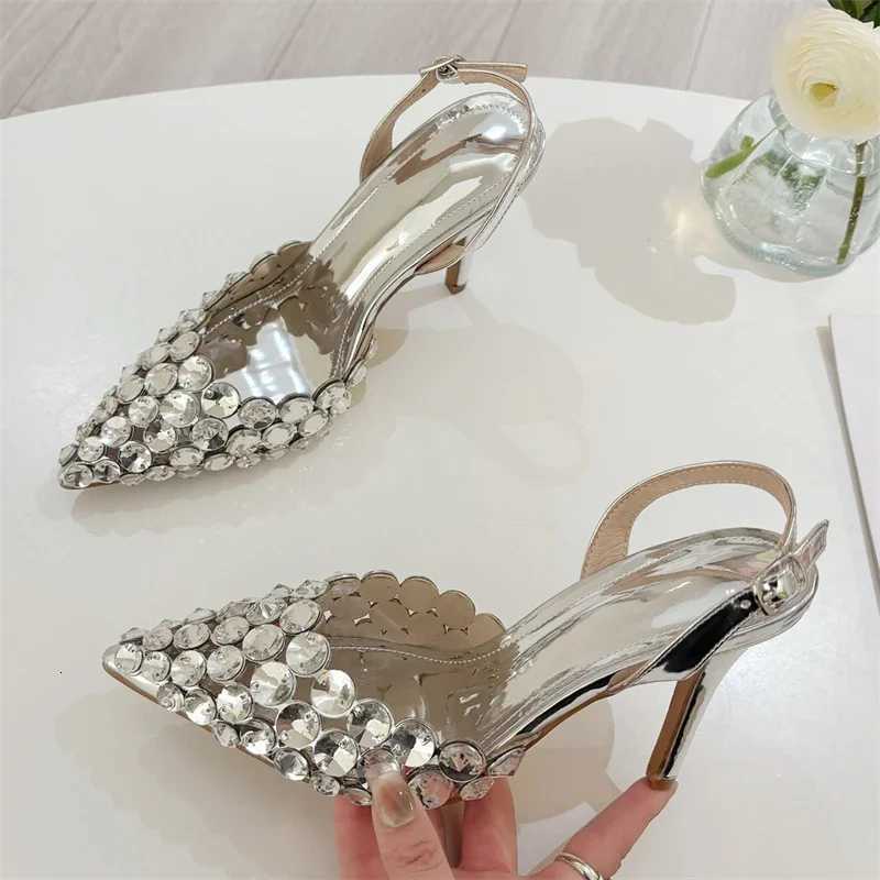 Aneikeh Fashion Stiletto Pumps Summer Silvery Rhinestone Hollow Strap High-heeled Sandals Women Wedding Banquet Shoes Z260330
