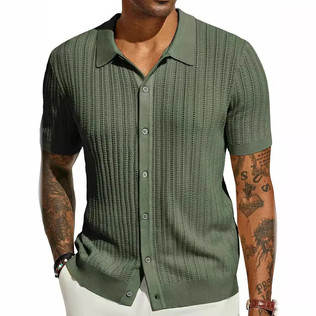Summer Mens Casual Shirt Breathable Hollow Out Knit Shirt Short Sleeve Lapel Lightweight Top for Men European American Loose 260327