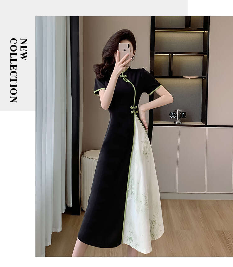 The 2026 Summer New Model: Chinese-Style Zen-Inspired Retro Modified Cheongsam, Faux Two-Piece, Waist-Cinching, Slimming, Long Dress Qipao Hanfu Silk