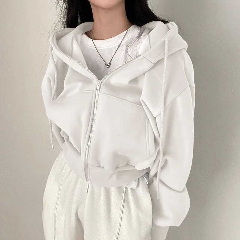 KIDCRKJ Fleece-lined Spring Womens Sweatshirt Drawstring Cropped Slims Zip Females Jacket Minimalist Sports Outwear For LadyT260328