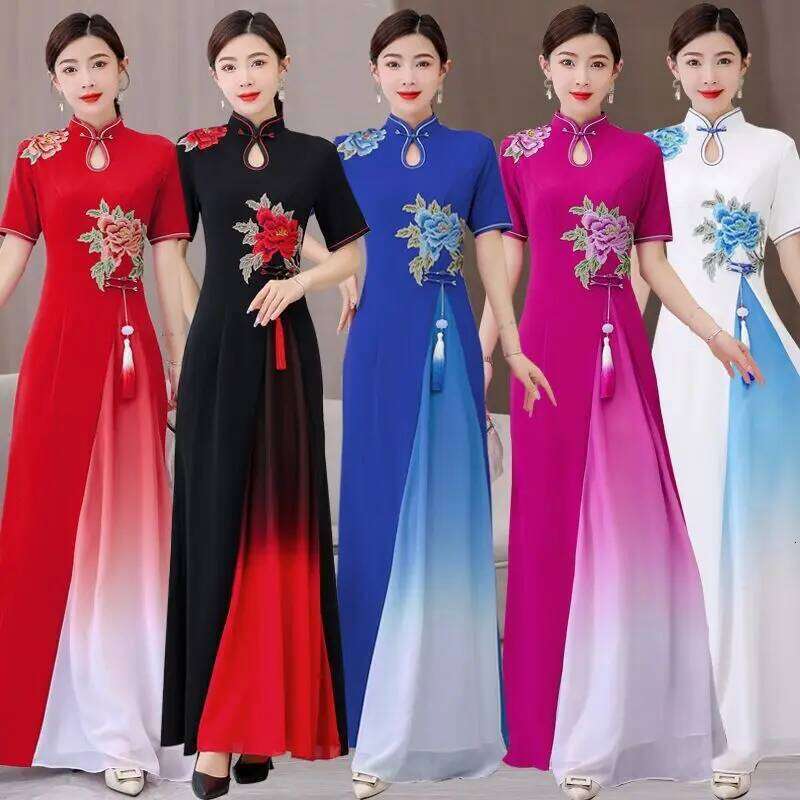 Catwalk Short Sleeve Long Improved Vietnam Audrey Ao Dai Qipao Cheongsam Dance Dress MAKOUFEI