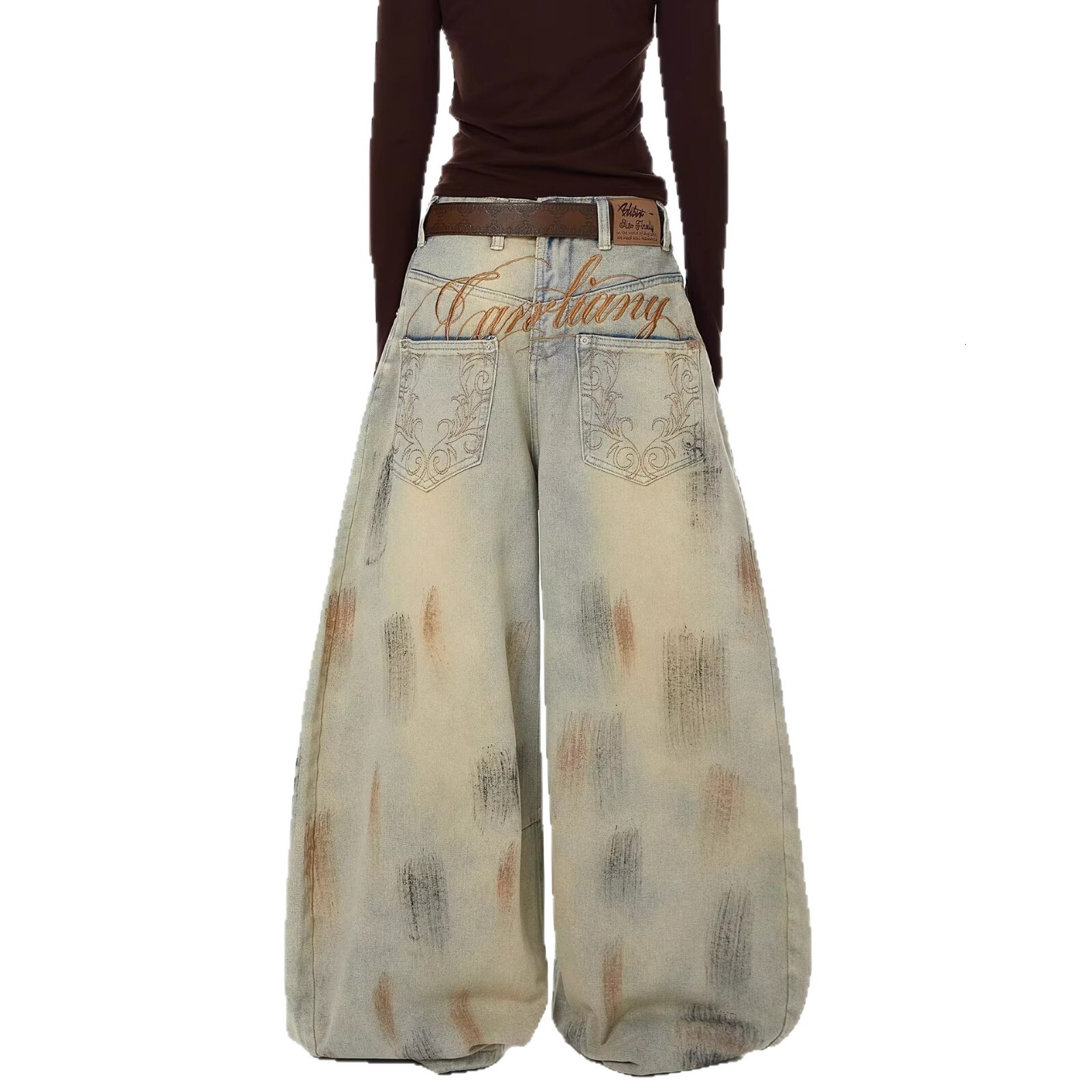 American-style spicy girl wasteland-style dirty-dyed jeans for women, summer design, loose fit, foreign trade cross-border jazz dance curved pants