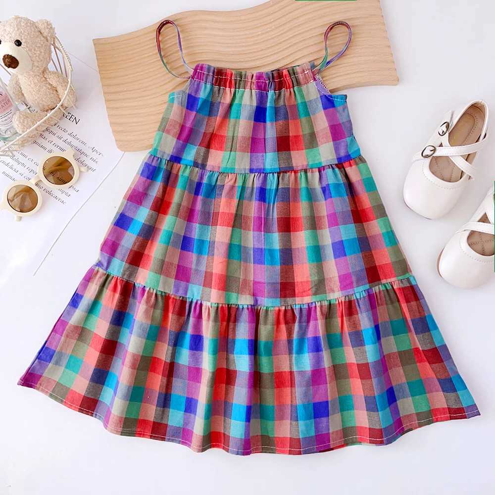 Girls Set 2023 Summer New Casual Dress Colorful Plaid Strap Dress Sleeveless Princess Dress Girls Fashion DressT260330