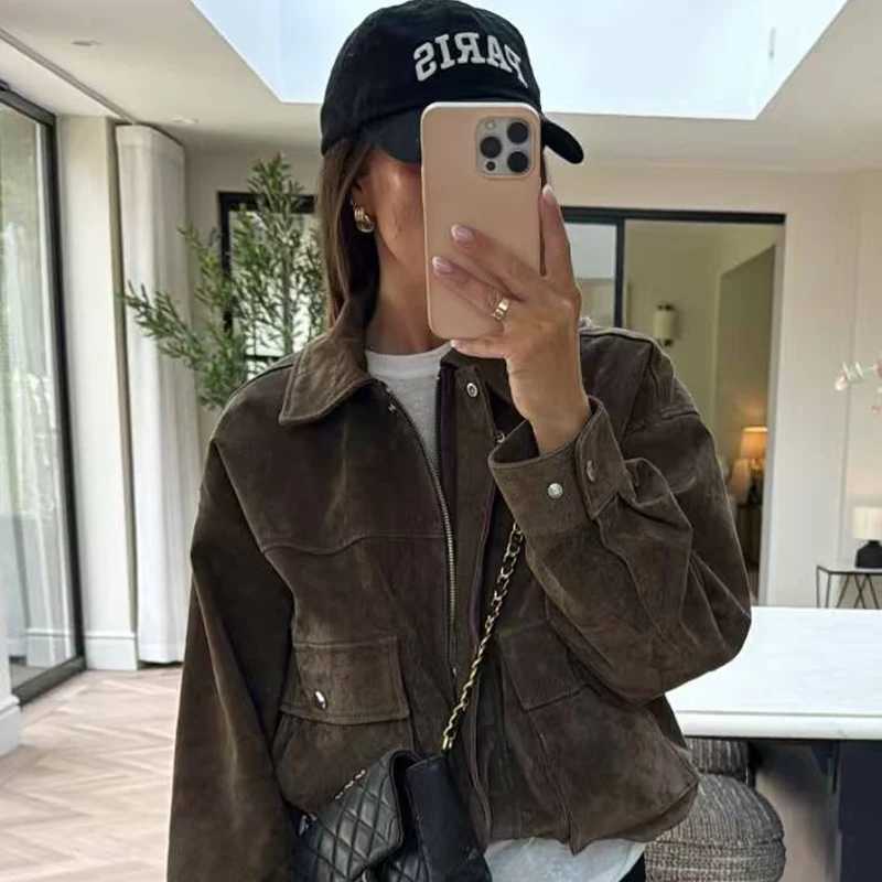 HXAO Green Faux Suede Jacket Womens Bomber Jacket Autumn 2025 New In Coats Jackets Chic Elegant Pockets Long Sleeve OuterwearT260328