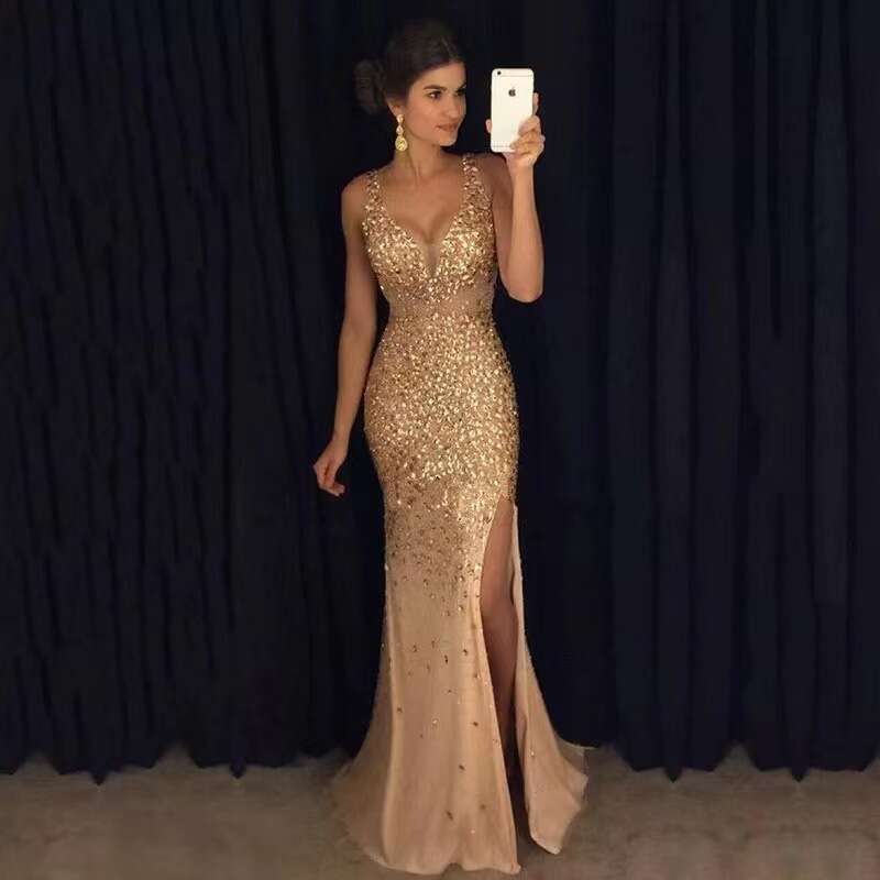 2026 New European and American Foreign Trade Cross-Border Slit Gold-Embossed Long Dress Evening Gown