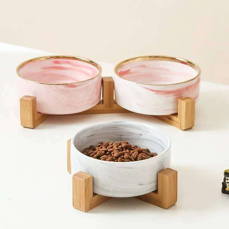 Marble-Patterned Pet with Wooden Frame Gold Edge Fashionable Creative Water Food Bowl for Dogs and Cats 26W0330
