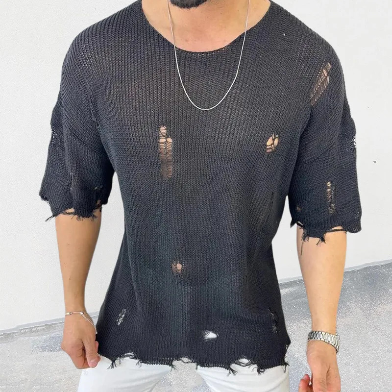 Summer Men Sweater Thin Short Sleeve O-neck Knitted T-shirt Tops Casual Hollow Loose Knit Shirt Pullover Male Streetwear 260327
