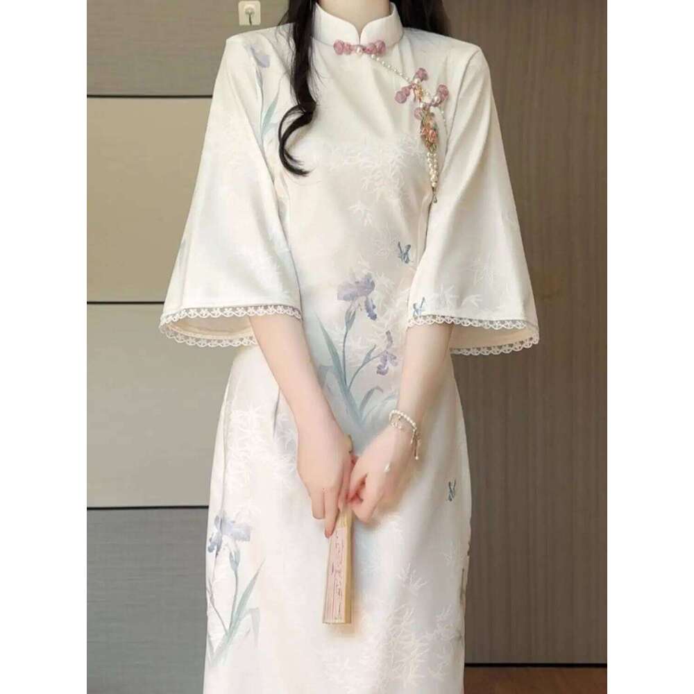 Elegant Improved Cheongsam New Chinese Style Floral Lace Inverted Large Sleeves Young Girl Long Qipao Dress Spring MAKOUFEI