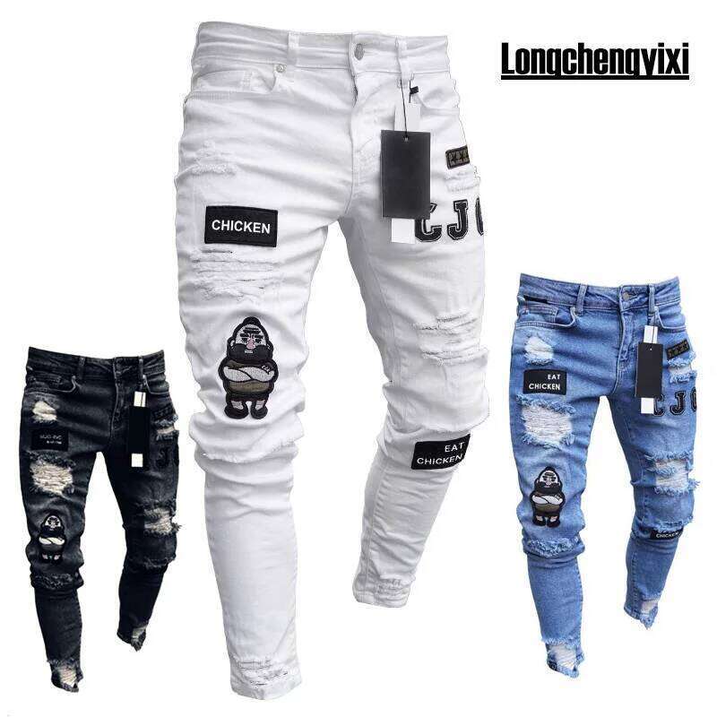 Men Jeans Knee Hole Ripped Stretch Skinny Denim Pants Solid Color Black Blue Autumn Summer Hip-Hop Style Slim Fit Trousers S-4XL 26Y0330