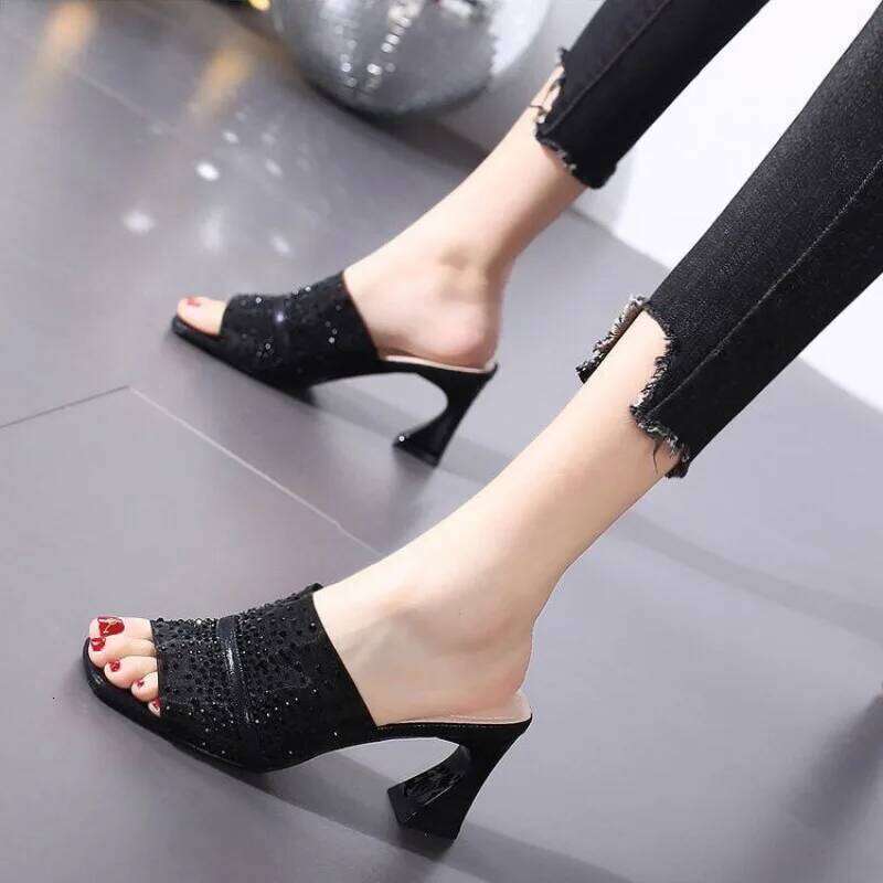 Women's Summer Open Toe Sandals Mesh Rhinestone Strap Chunky Mid Heel Outdoor Slippers