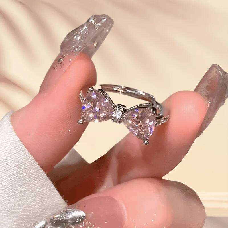 Ring Pink Bow Zircon Women New Niche Design Summer Adjustable Open Ring For Index Finger Visionice