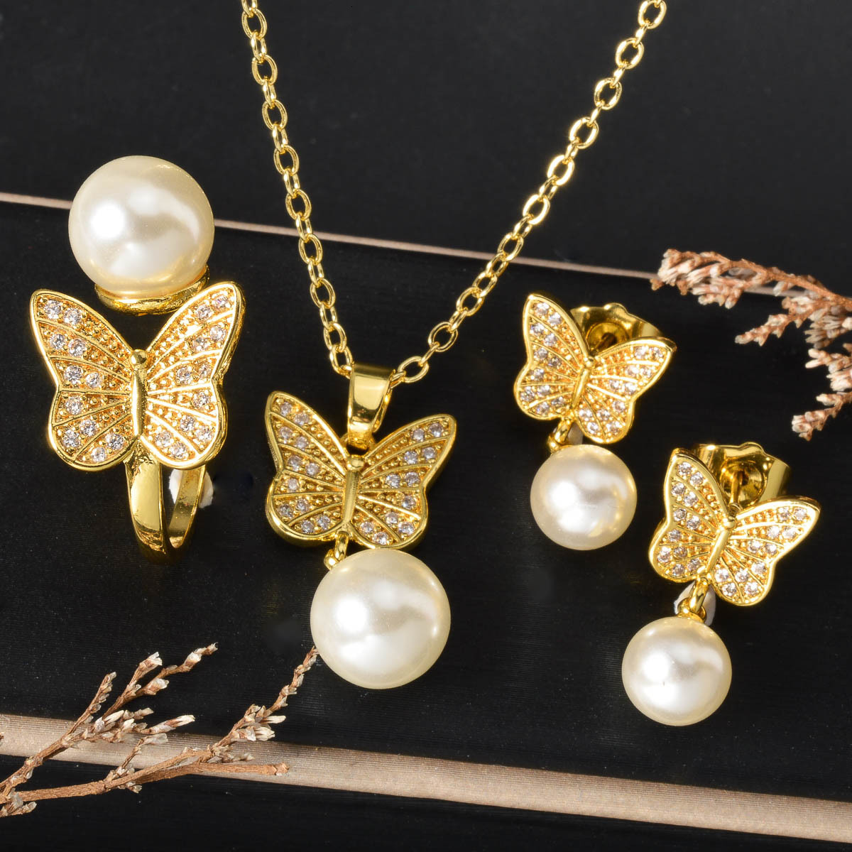 Necklace Earrings Jewelry Set Japanese Style Pearl Diamond-Studded Pendant With Butterfly And Flower Elements Necklace Earrings Ring Three-Piece Set I