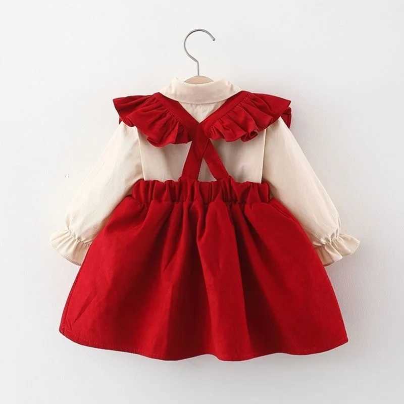 2 Pcs New Autumn Spring Baby Girl Bow Dresses Girls Long Sleeve Pure Cotton Newborn Birthday Dress Beige T-shirt and Red DressT260330