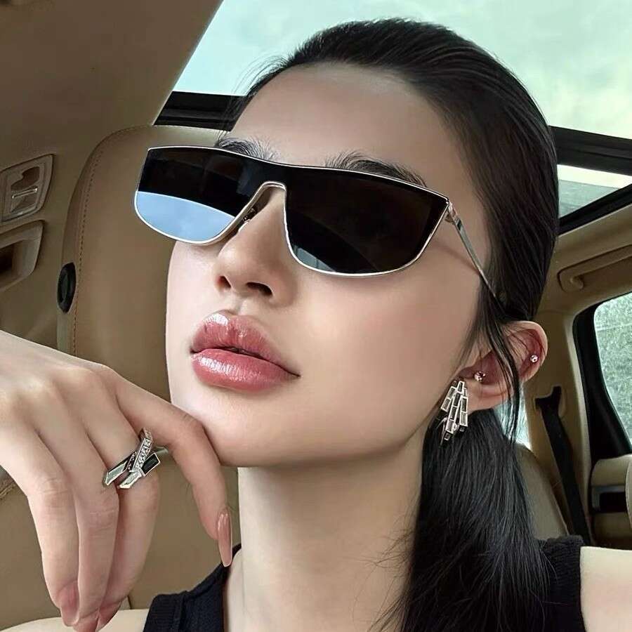 Metal Old Money Style Silver-Edged One-Piece for Women, Trendy Round Face Slimming High-End Mesh Design Large Frame Sunglasses