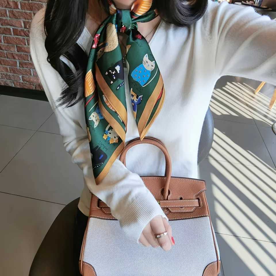 Trendy Cat Print Imitation Silk Scarf for WenSoft Satin BandanaVersatile for NeckHair Bag Ladies Scarf X260328