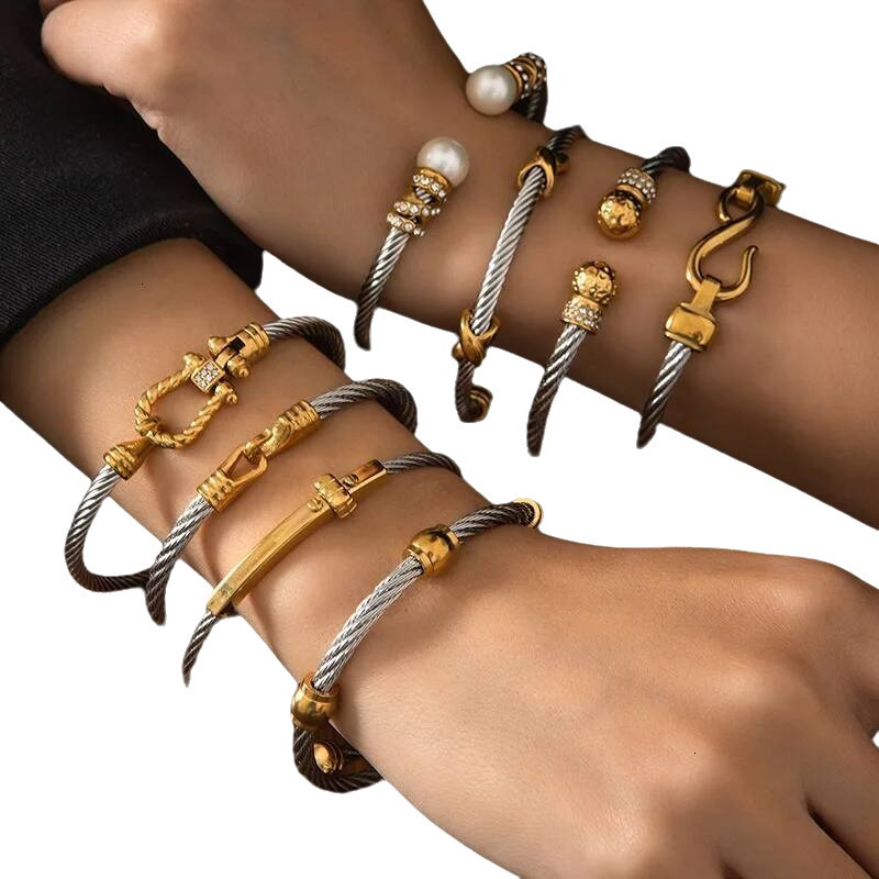 Stainless 1 Pcs Gold Plated Trendy Retro Hip Hop Style Bracelet Fried Dough Twists Steel Wire Rope Colorfast Bangle