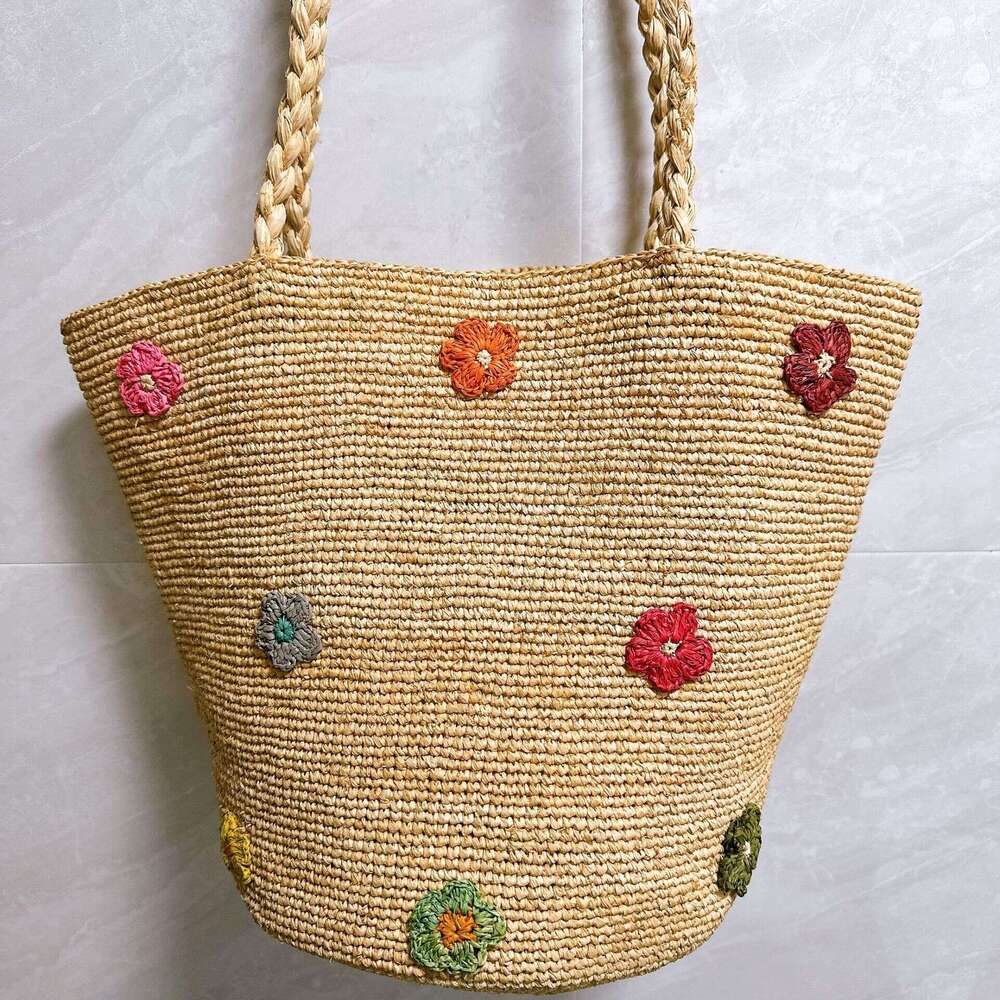 Totebag Shoulder ROSE NOIRE Hand Crocheted Raffia Straw Bucket Women Large Capacity Shoulder Bag With Embroidered Flowers Versatile For Vacation And B