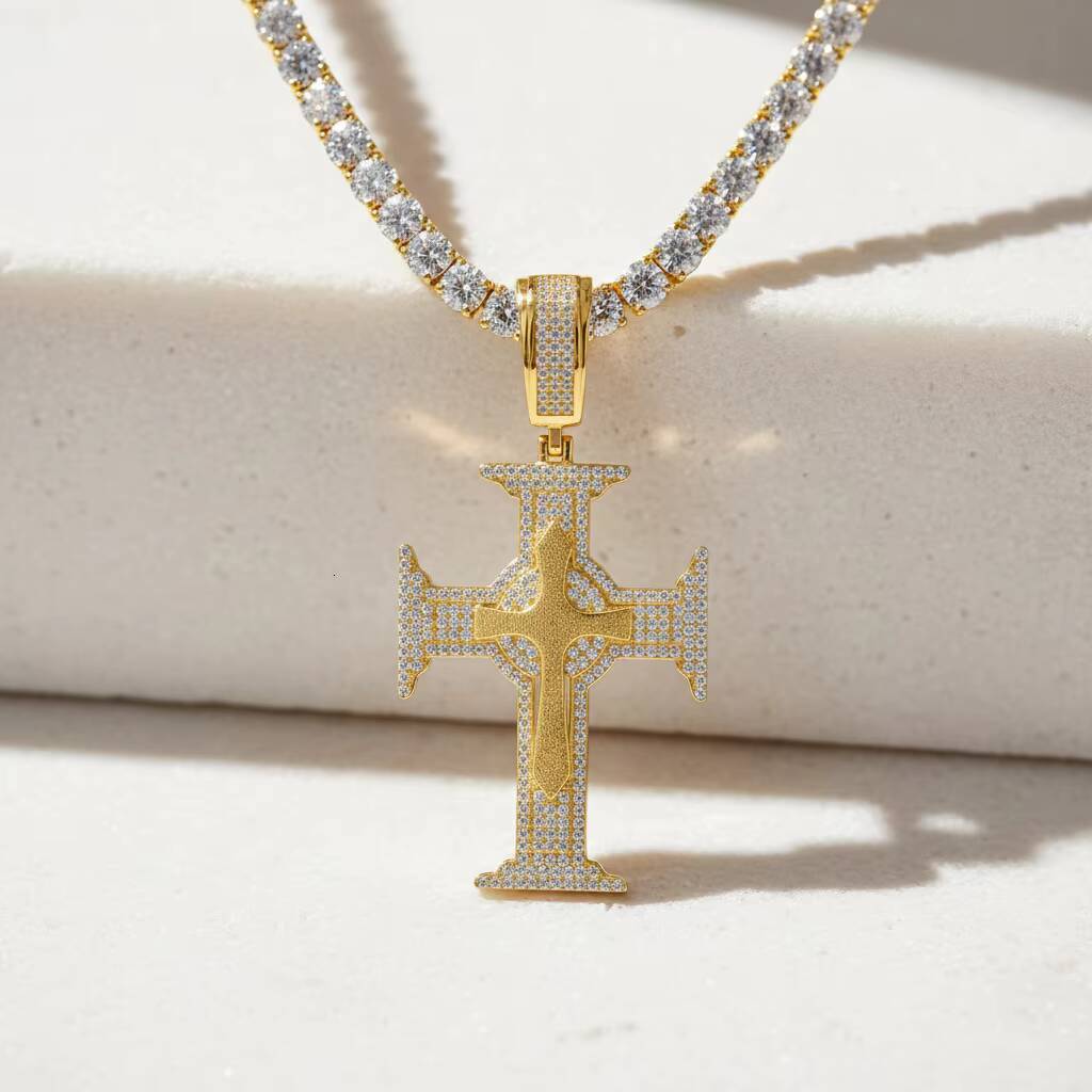 10K Solid Gold Moissanite Cross Pendant Necklace Unisex Italian Brushed Craft Luxury Hip Hop Fashion Jewelry