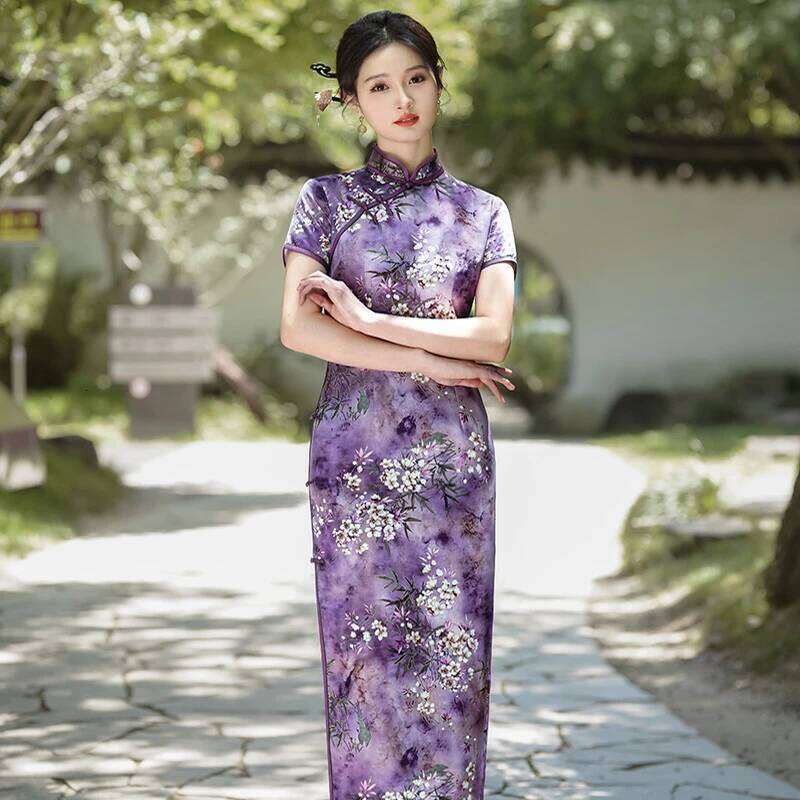 Qipao For Woman New Chinese Style Modern High End Silk Satin Yellow Green Oriental Event Costume Women Long Low Slit Cheongsam MAKOUFEI