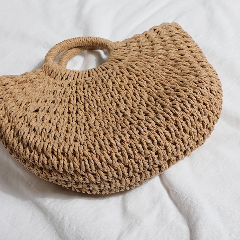 Summer Handmade Bags for Women Beach Weaving Ladies Straw Bag Wrapped Beach Bag Moon shaped Top Handle Handbags 260316