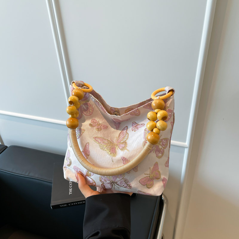 Free Shipping High Value Hobo Bag for Women Butterfly Print Handbag with Wooden Bead Handle