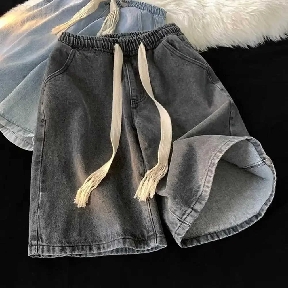 Men Wide-leg Denim Shorts Mens Quick-drying Denim Beach Shorts With Elastic Drawstring Waistband Pockets Summer Wide Leg Shorts H260330