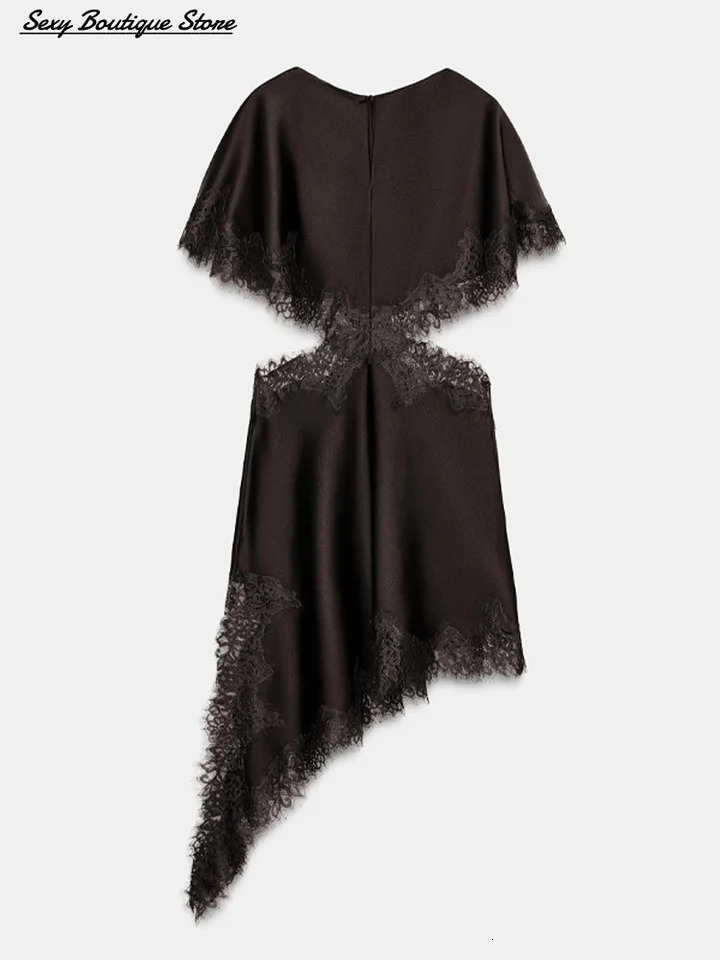 Sexy Vintage Brown Lace Satin Hollow Out Dress O Neck Shawl Half Sleeve Party Robes Chic Vacation Vestido Lady Dresses 260326