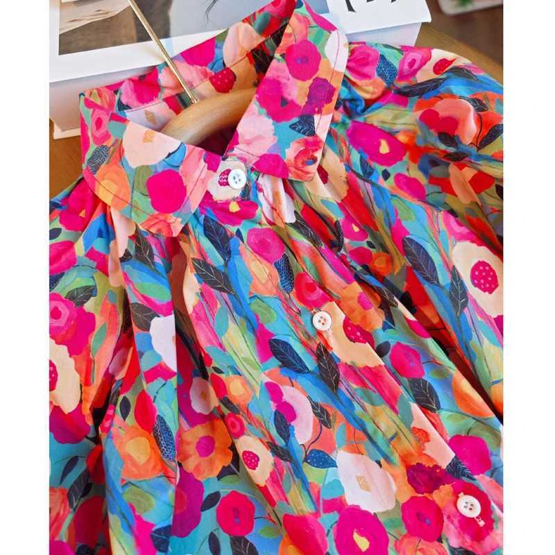 Spring Autumn New Girls Princess Dress Full Print Flowers Long Sleeve Lapel Collar Dress For 2-8 Years Girls Casual Shirt SkirtT260330