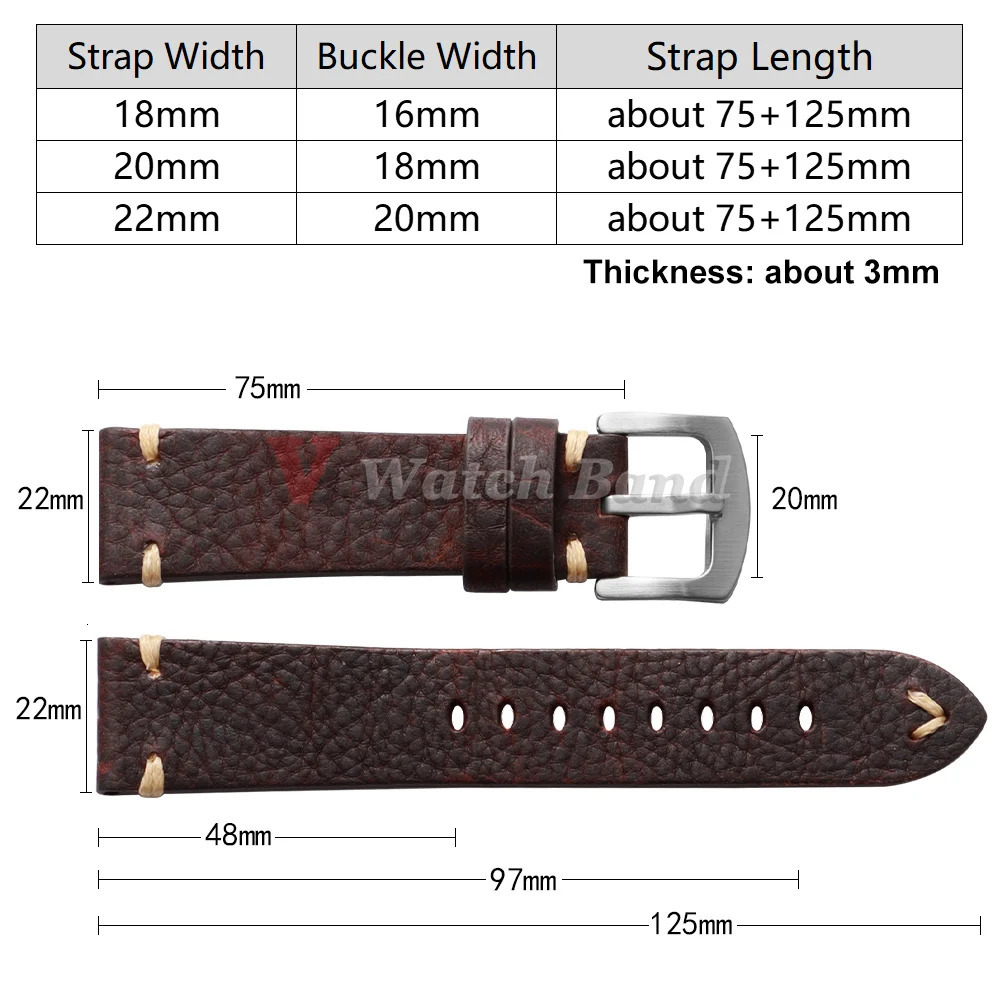 182022mm Universal Genuine Cowhide Watch Band Metal Buckle Vintage Straps for Men Women Breathable Bracelet Belt Accessories 260318