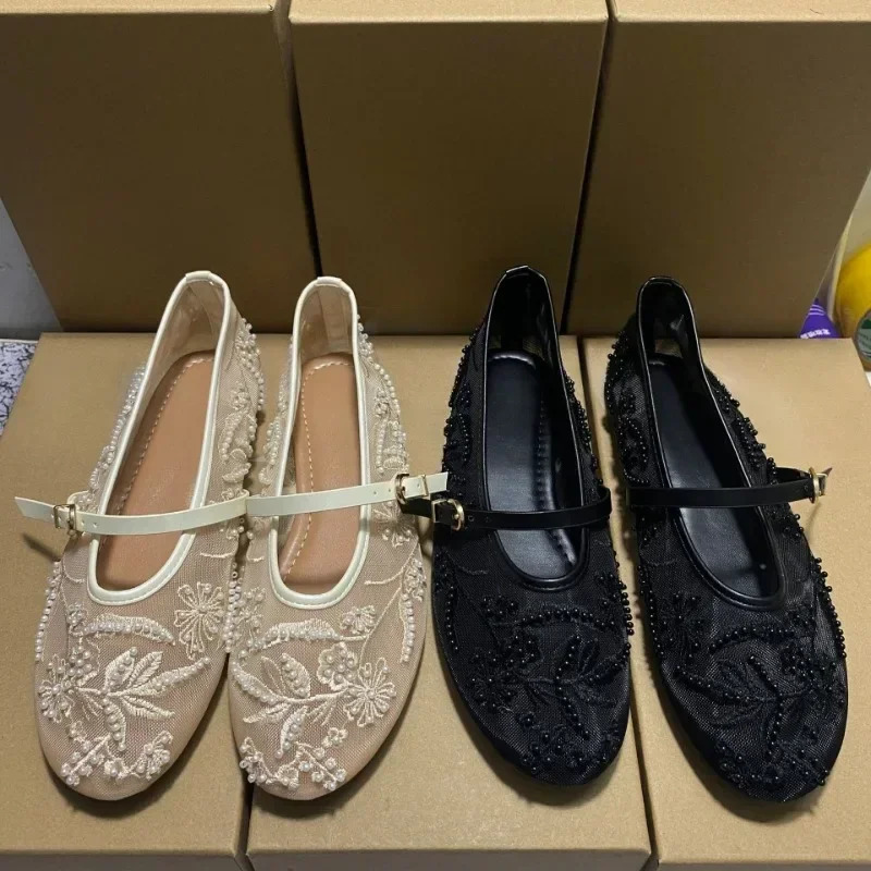 Black Mesh String Bead Ballet Flats Women Elegant Embroider Flower Buckle Mary Jane Shoes Comfort Round Toe Shoes 260323