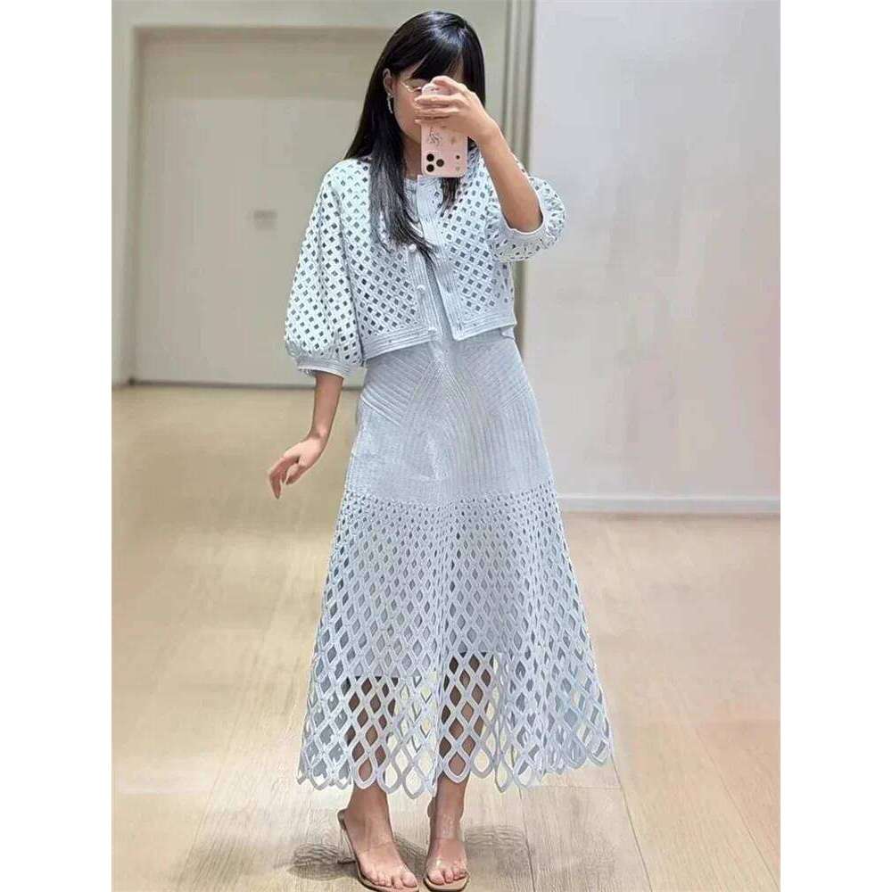 Diamond Decoration Hollow Out Women's Knitted Cardigan Coat Single-Breasted Top Or Camisole Midi Dress Strap Robe For Female Mdng260330