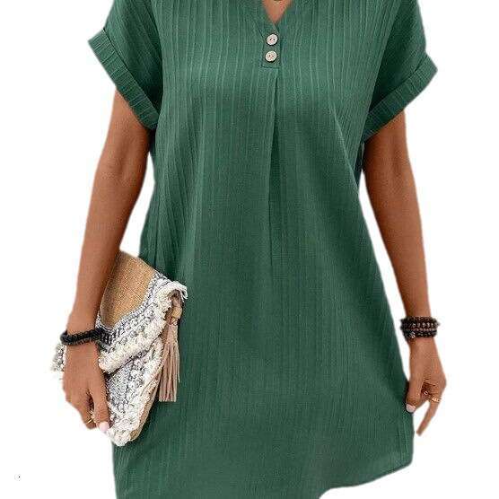 Cross-border European and American women's clothing 2026 new V-neck solid color pullover comfortable casual button dress
