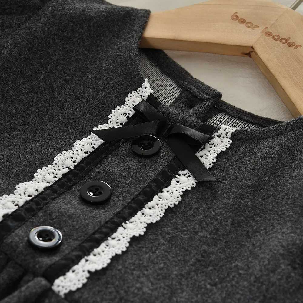 Bear Leader Grey Girls Casual Dresses Spring and Autumn Solid Color Long Sleeved Kids Dress Daily Simple Childrens ClothingT260330