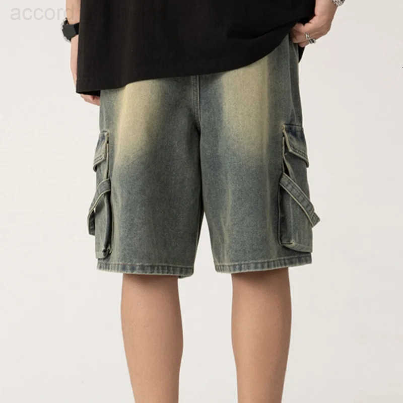 2025 New Cowboy shorts mens high-end personalized drawstring loose casual denim five quarter pants loose plus wide leg pants H260330