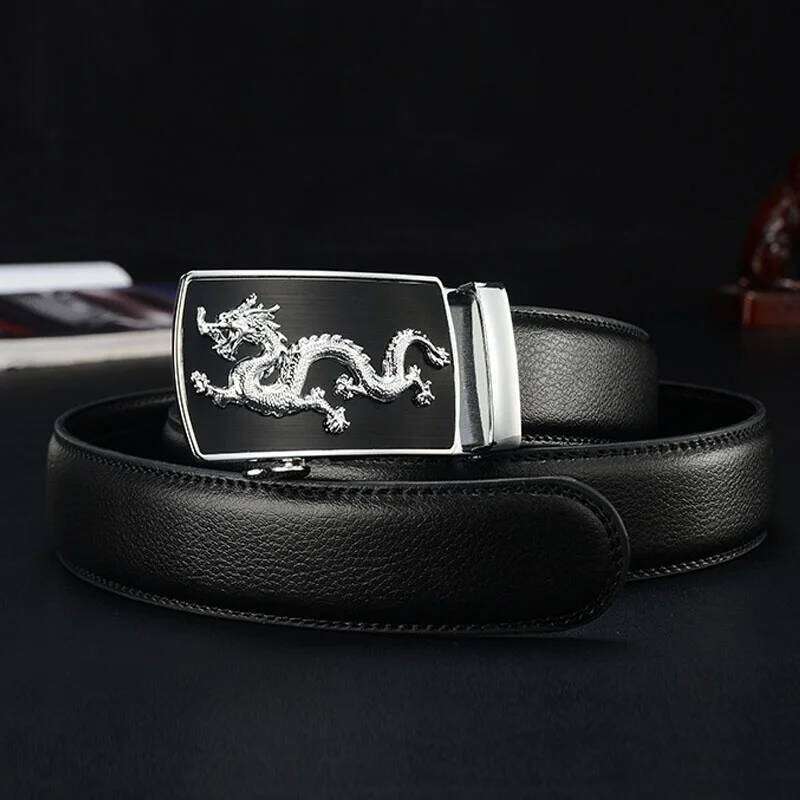 Automatic Buckle New Fashion Brand Dragon Leather Belts For Business Men Black Strap Waistband Chunjinqiuli