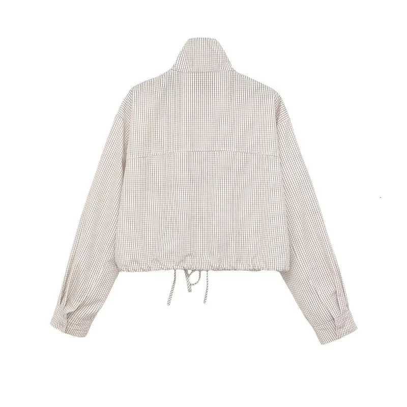 ETJ Womens Cropped Checkered Jacket High Neck Puff Sleeve Oversized Top with Drawstring Hem 2026 Spring Casual OuterwearT260328