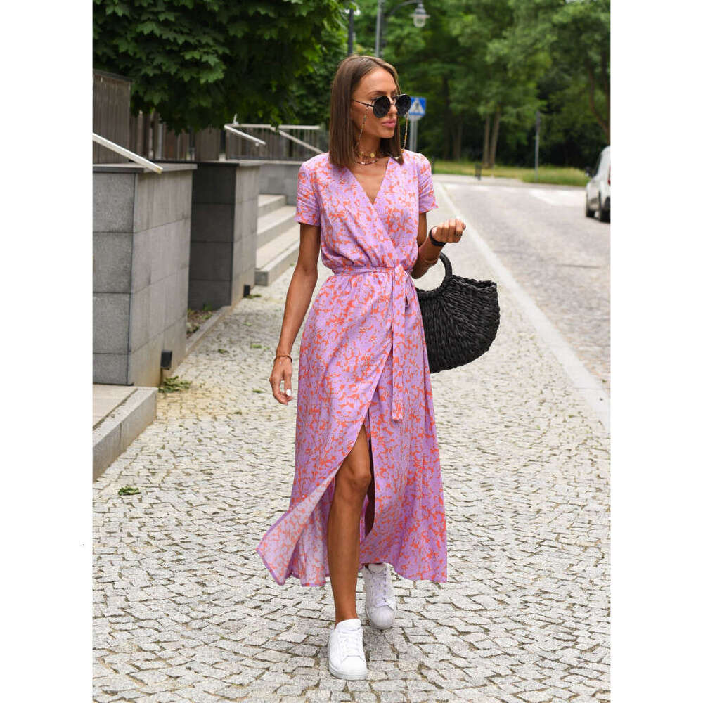 Cross-border women's clothing European and American holiday polka dot print tie-waist V-neck mid-length short-sleeve dress