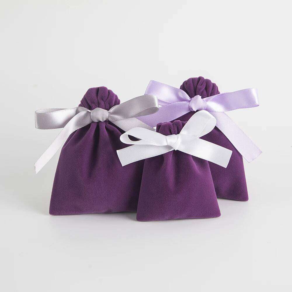 10Pcs Bulk Purple New Jewelry Gift Candy Display Packing Storage Bags For Wedding Travel Drawstring Dust Velvet Ribbon Pouches