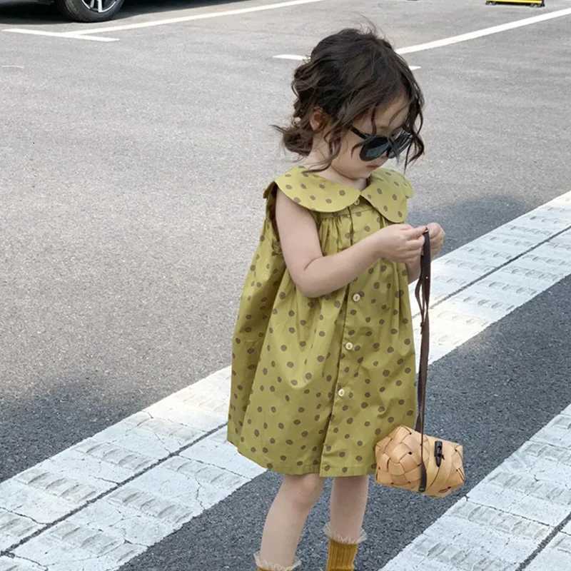 Childrens Sleeveless Dress 2023 Summer New Girls Dot Print Polo Collar Dress Korean Cotton Single Breasted Tank Top DressT260330