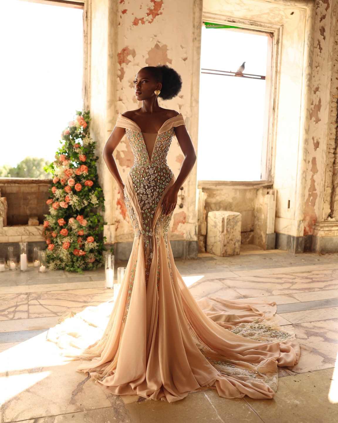 Sparkling Crystals Mermaid Prom Dresses Off Shoulder Sleeveless Evening Gown Beaded Celebrity Party Customized