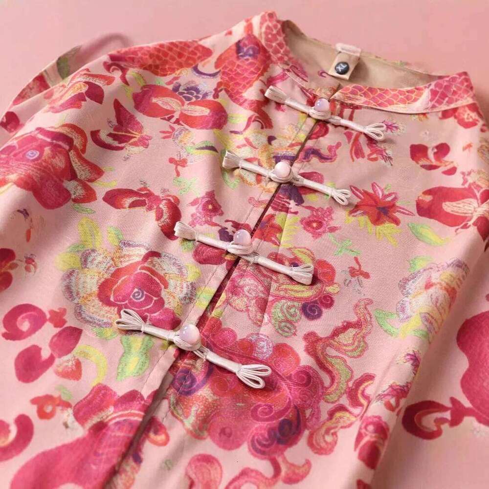 Chinese Style Women's Shirt Sleeve Acetate Satin T-Shirt Waist Cinched Qipao Short Top Summer New Arrival MAKOUFEI
