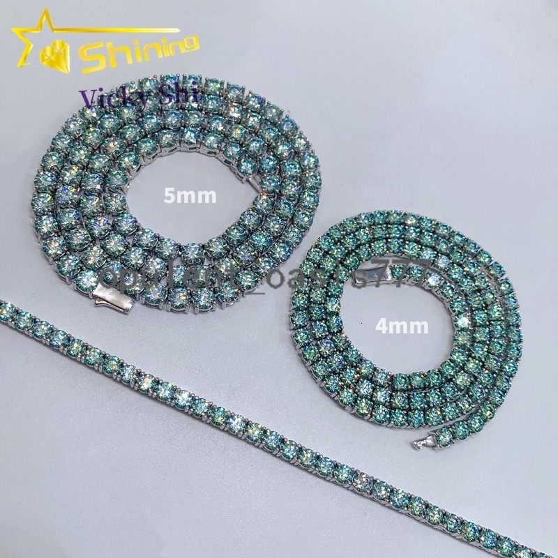 Hot Sell 925 Silver Hip Hop Jewelry Pass Diamond Tester Blue Green 3mm Moissanite Tennis Chain Bracelet Necklace