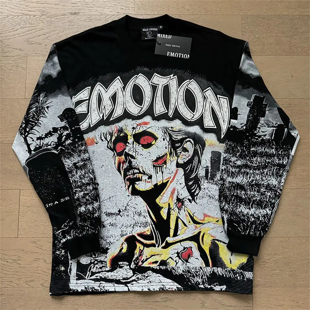 2026 MIXED EMOTION Long Sleeve T-shirt Men Women High Street Full Print Quality Crewneck Hip Hop Oversized Tops 260326